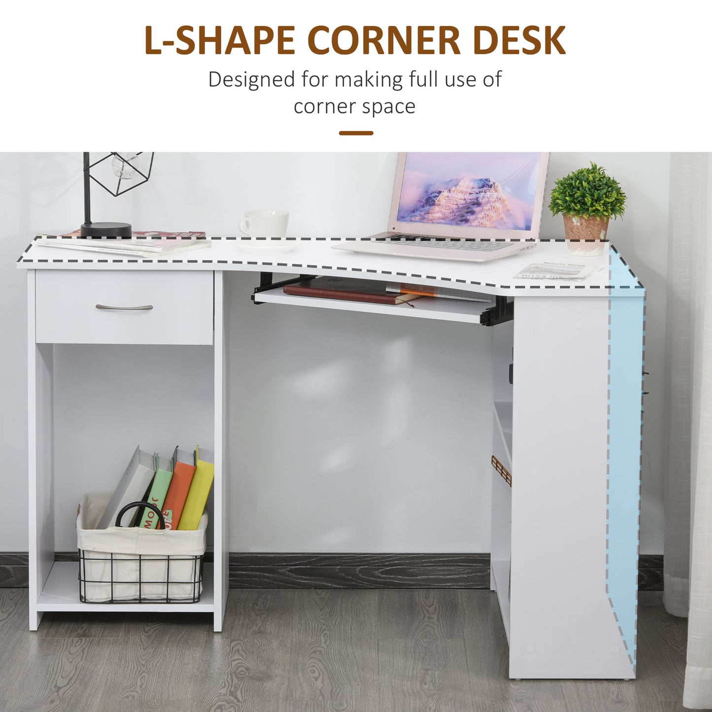 Homcom L-Shaped Corner Computer Desk w/ 2 Shelves Wide Worktop Keyboard Tray Drawer & CPU Stand Home Office Study Bedroom Furniture White