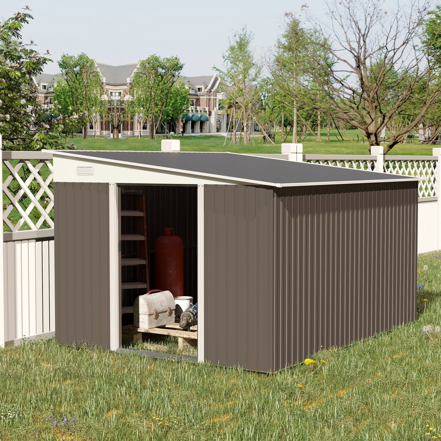 Galvanised 11.3 x 9.2' Sliding Double Door Offset Pent Garden Shed With Ventilation Steel Grey by Steadfast