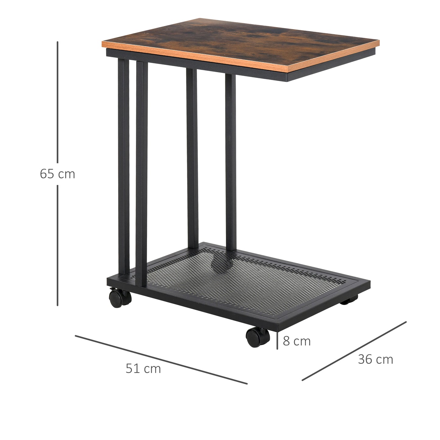 Homcom C Shaped Side Table With Wheels Mobile End Table Laptop Stand With Metal Frame And Storage Shelf Rustic Brown