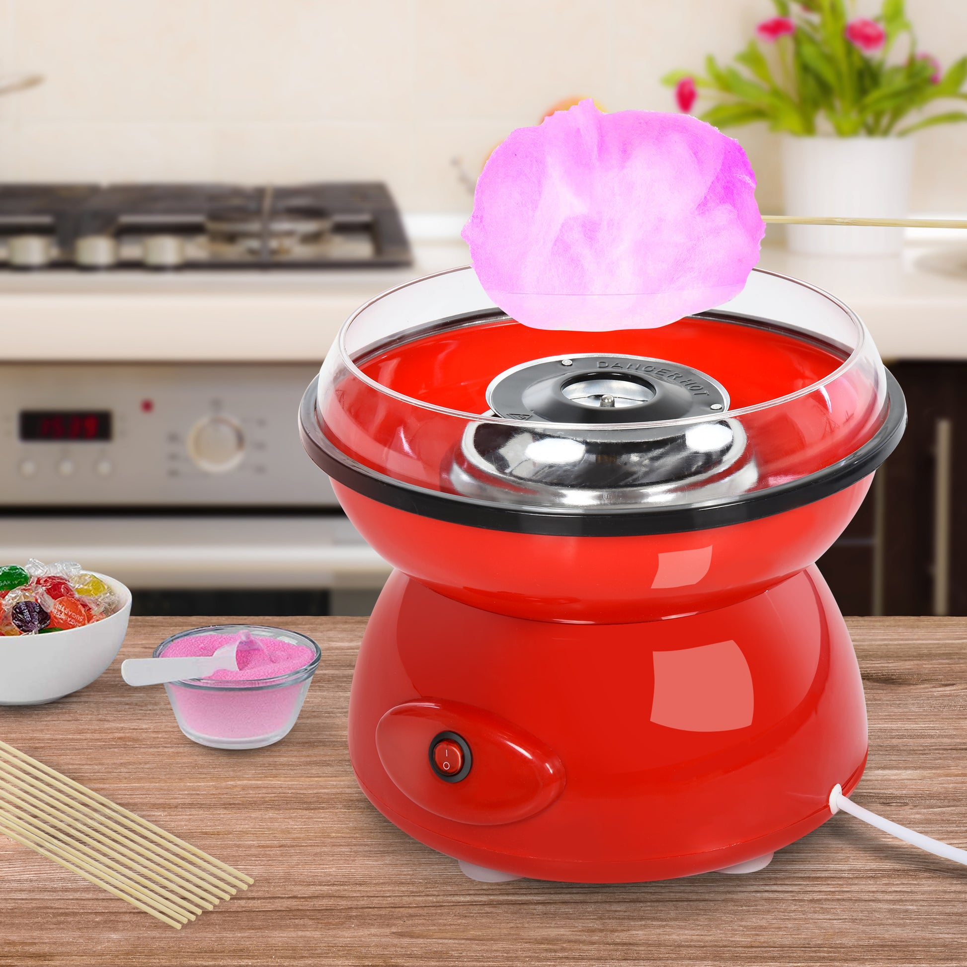 Homcom 450W Electric Candyfloss Machine Kit Non-Stick Plates Fairground Fun Children Adult Party Gift Home Sweet Metal Body w/ Accessories Red