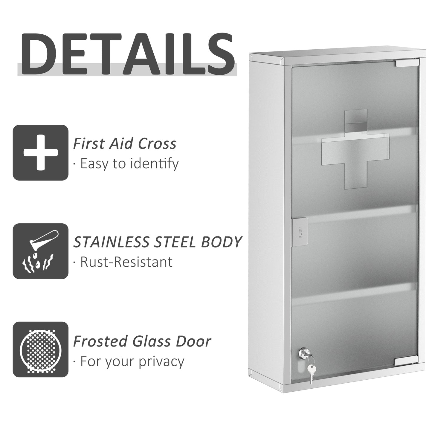 Homcom 4 Tier Stainless Steel Wall Mounted Medicine Cabinet Glass Lockable Door Storage Shelves Houseware Bathroom Furniture 60Hx30Wx12D(cm) w/2 Keys