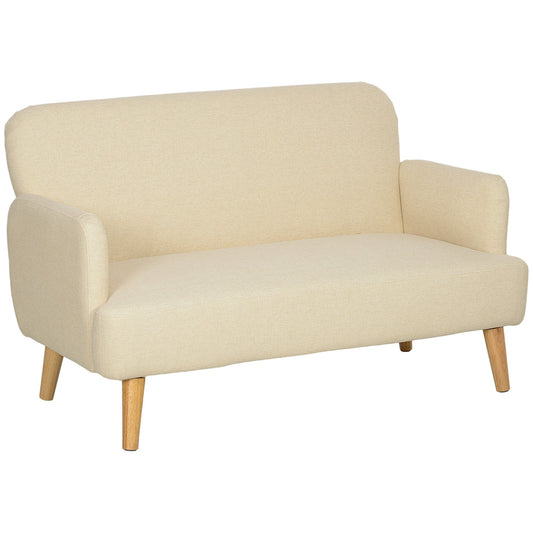 Velvet Feel Fabric 2 Seater Sofa, Small Sofa Loveseat with 21cm Thick Padding and Wood Legs, Cream White-0