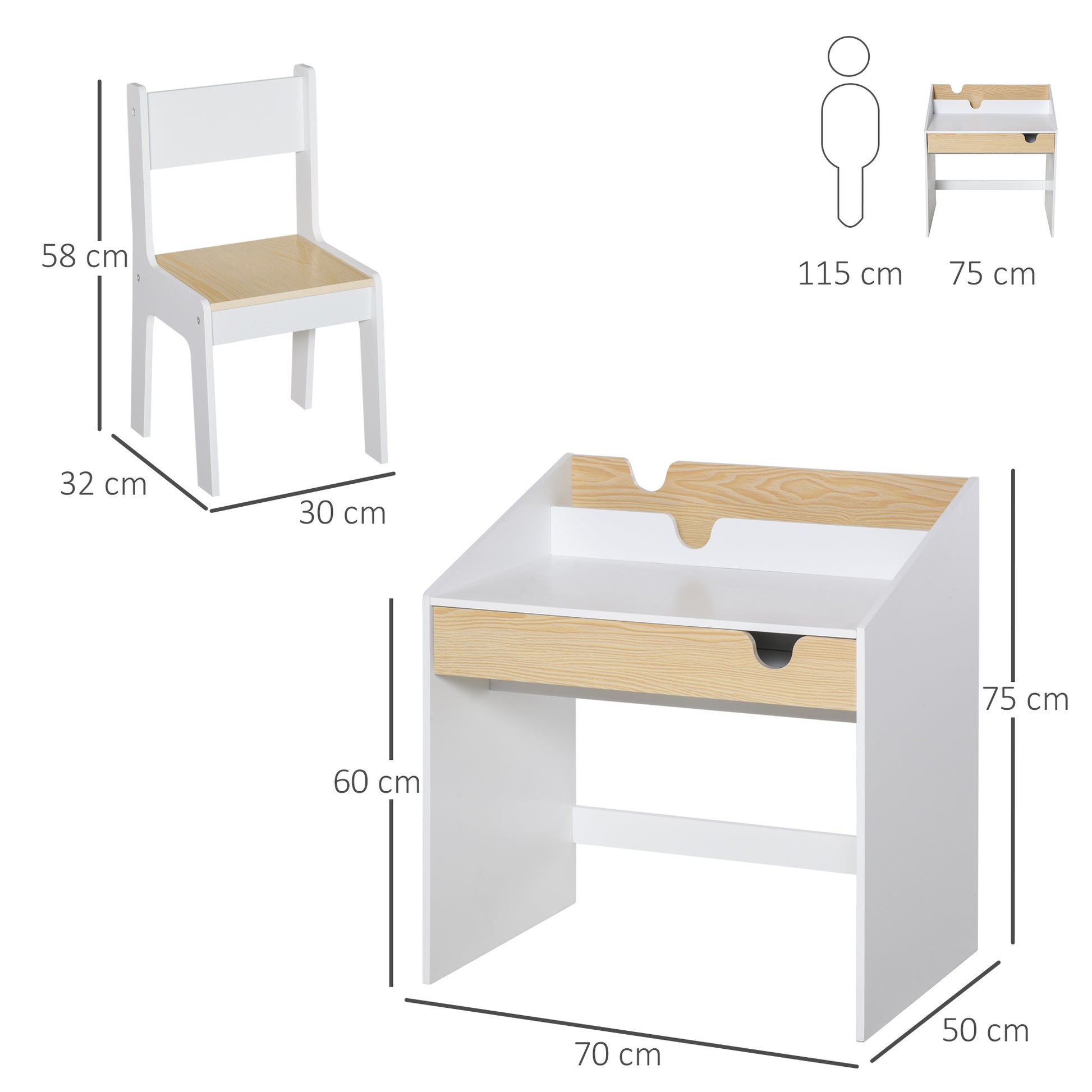 Homcom Kids Desk and Chair Set 2 Pieces Children Study Table with Storage Pull-Out Drawer Bookshelf for 3-6 Years Writing