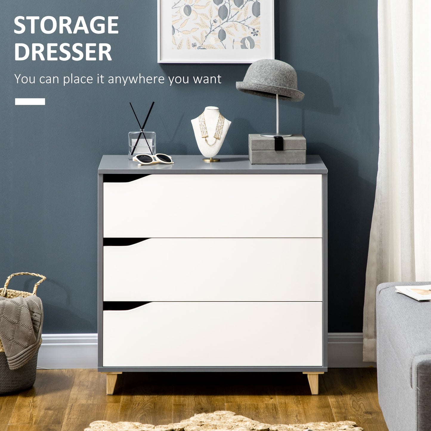 Homcom Drawer Chest 3-Drawer Storage Cabinet Unit With Pine Wood Legs For Bedroom Living Room 75cmx42cmx75cm White