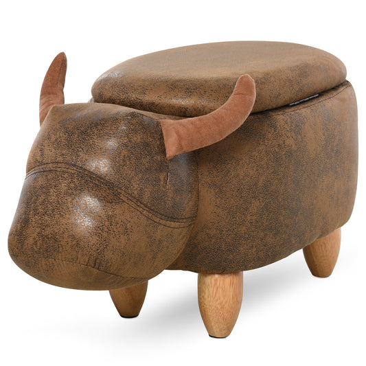 Homcom Animal footstool Buffalo Storage Stool Cute Kids Decoration Wood Frame Legs w/Padding Lid Ottoman Furniture Brown