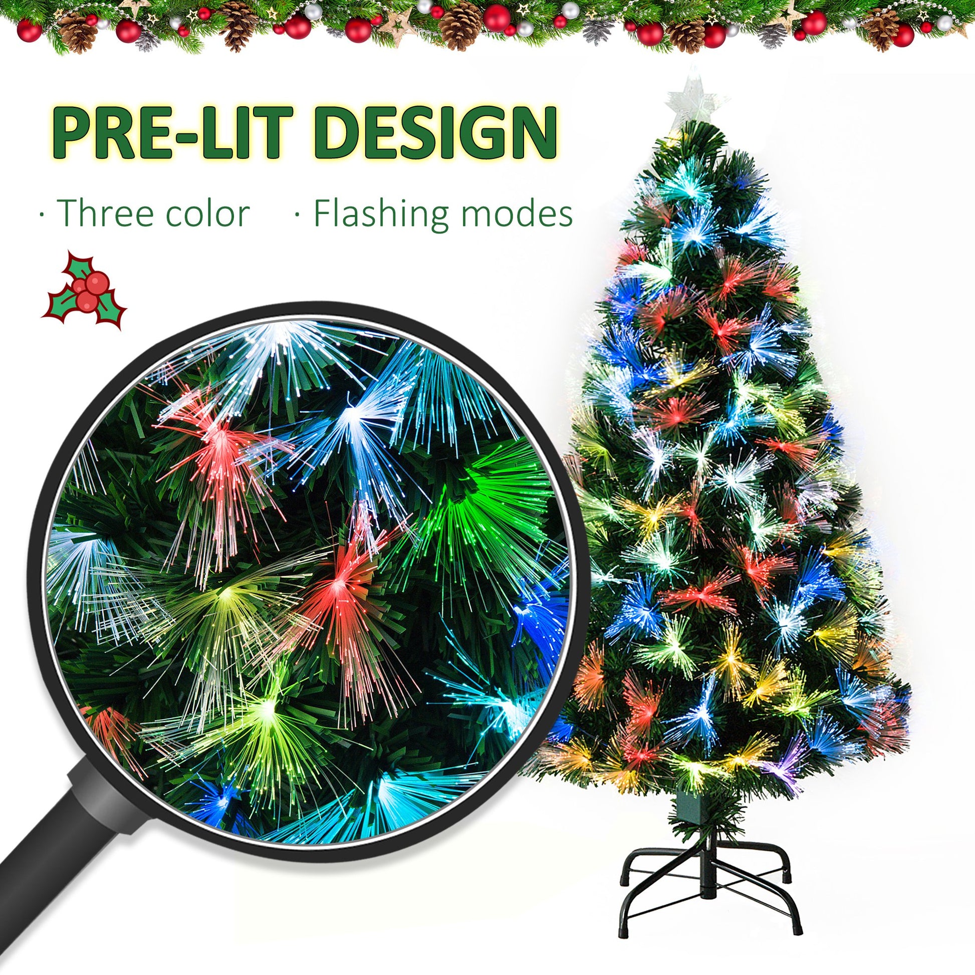 Homcom 4FT Tall Artificial Tree Fiber Optic Colorful LED Pre-Lit Holiday Home Christmas Decoration with Flash Mode - Green