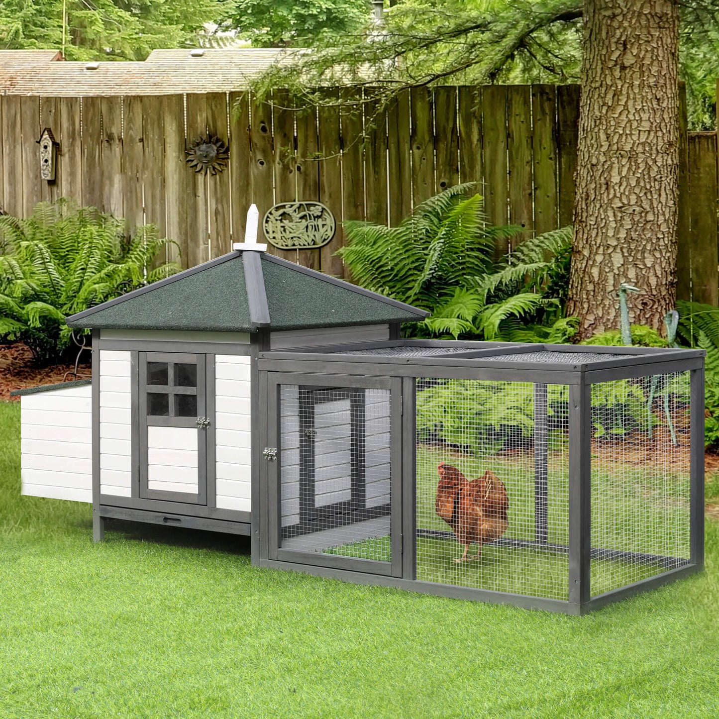 PawHut Chicken Coop with Run Hen House Poultry Coops Cages Pen Outdoor Backyard with Nesting Box 196 x 76 x 97cm Grey