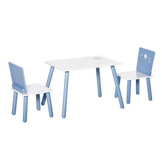 Homcom 3 Pcs Kids Table & Chairs Set w/ Wood Legs Safe Corners Cute Stars Seating Mini Furniture Home Playroom Bedroom Dining Room Blue