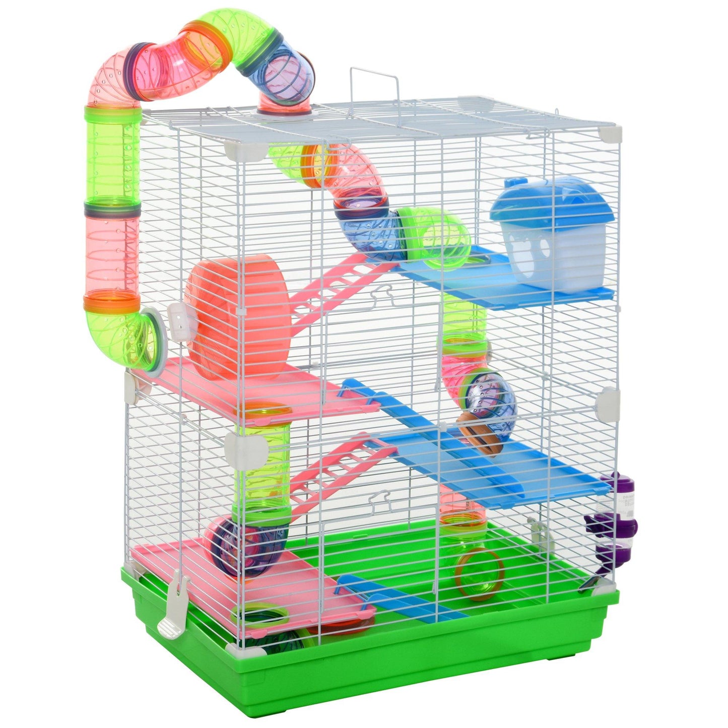 PawHut 5 Tier Hamster Cage Carrier Habitat Small Animal House with Exercise Wheels Tunnel Tube Water Bottle Dishes House Ladder for Dwarf Mice