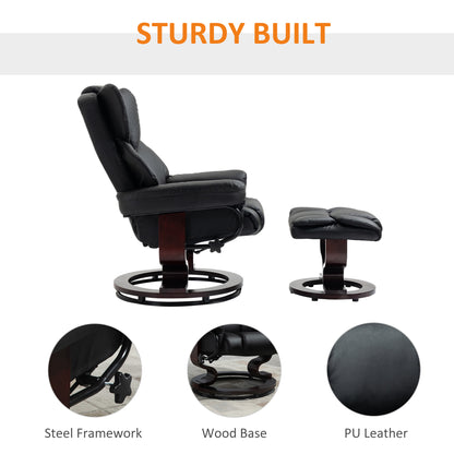 Homcom Reclining Swivel Armchair Footstool Set Sofa Padded PU Leather Relaxing Manual Duo Metal Frame Bentwood Base Black