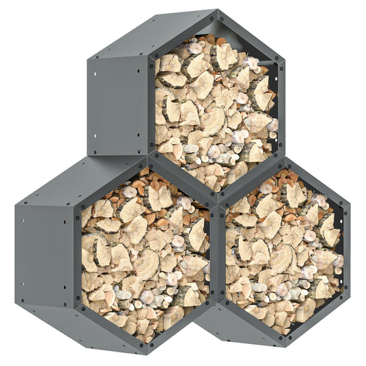 Three-Shelf Hexagon Metal Firewood Rack - Grey-0