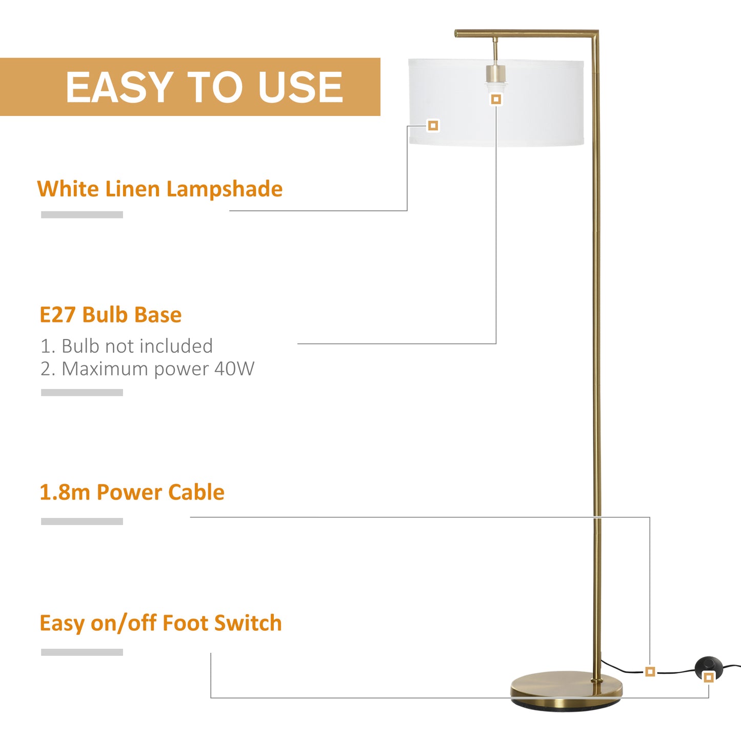 Homcom Modern Floor Lamp Tall Pole Light with Linen Shade E27 Holder for Home Office