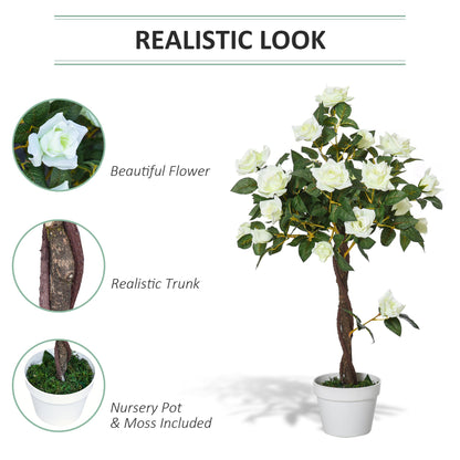 Outsunny 90cm/3Ft Artificial Rose Tree Fake Decorative Plant W/ 21 Flowers Pot Indoor Outdoor Faux Decoration Home Office Dcor White & Green