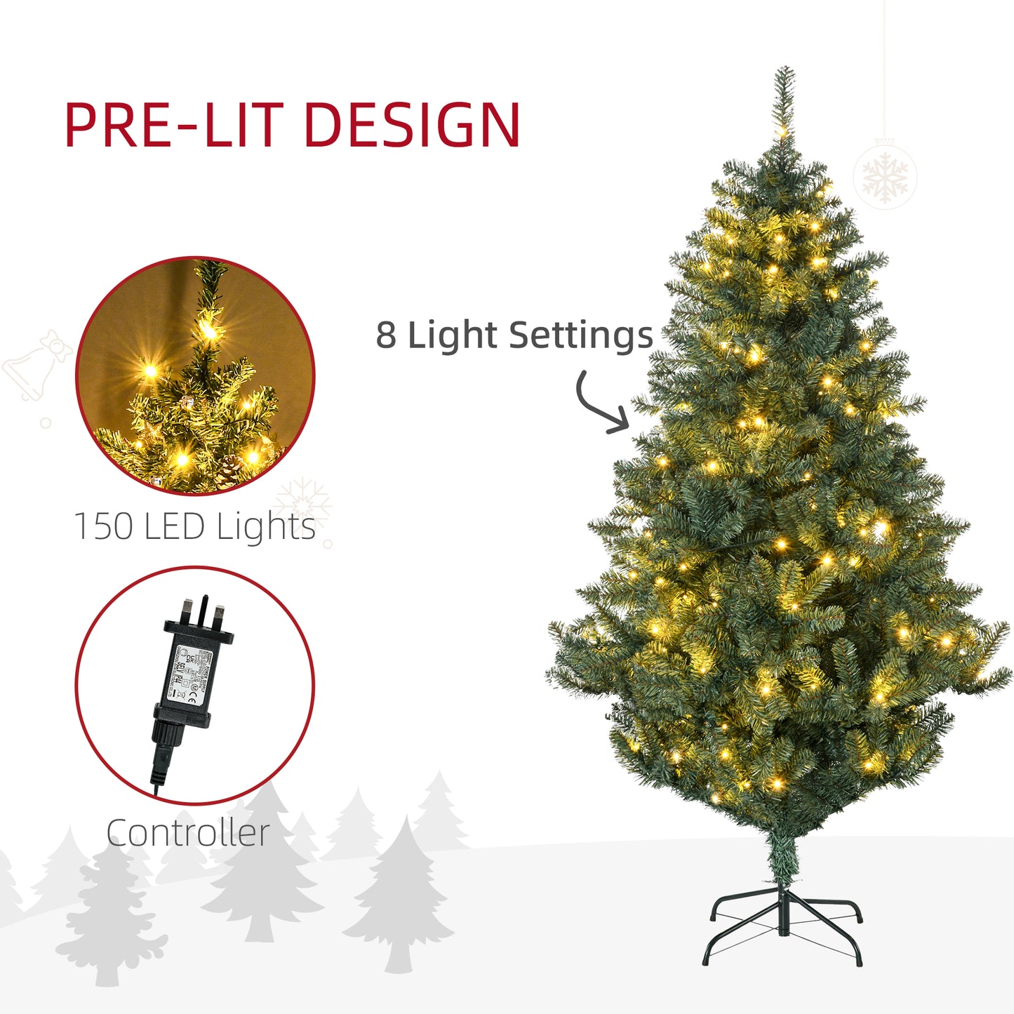 6ft Decorated Christmas Tree Artificial - with LED Lights Warm White 650 Tips