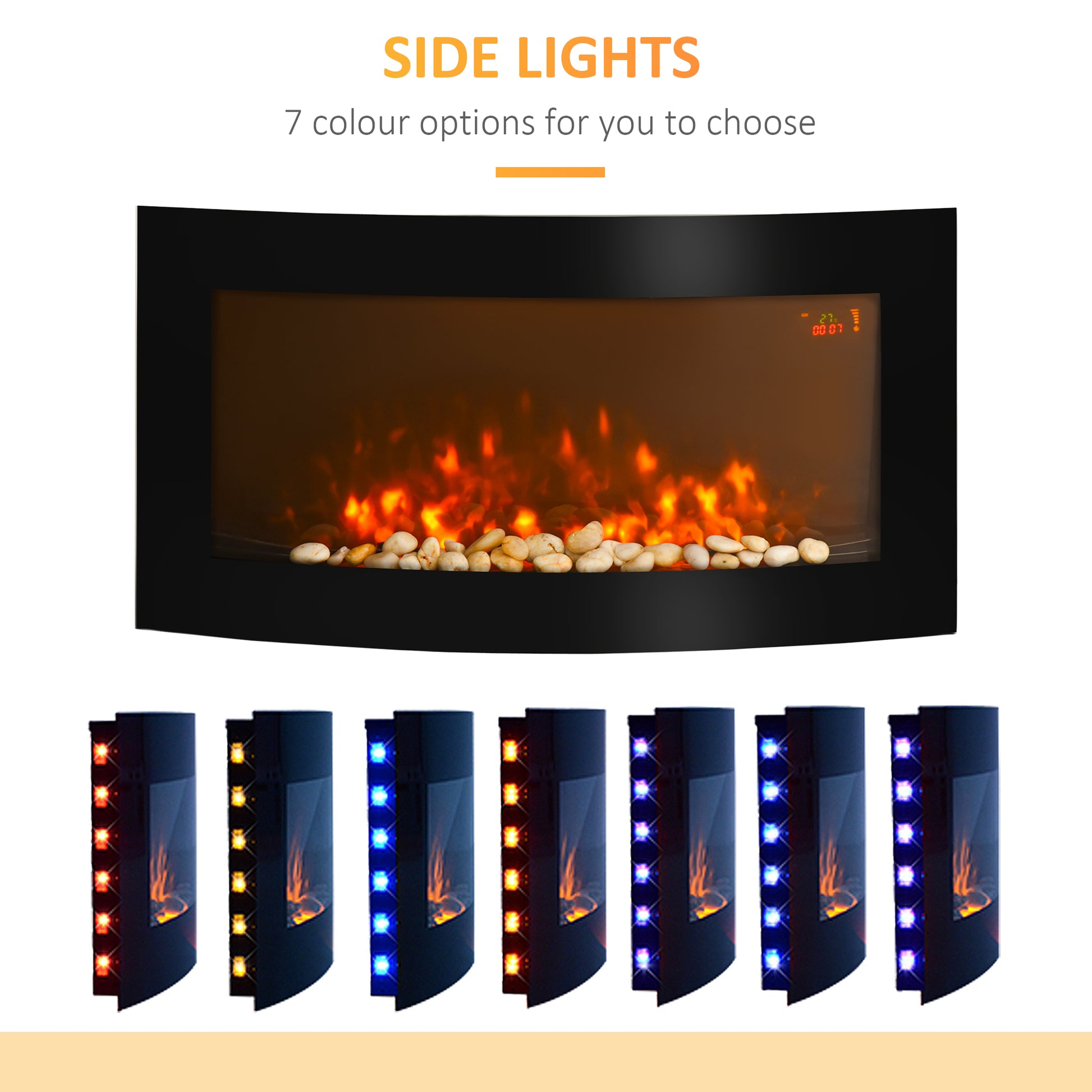 Homcom 1000/2000W LED Curved Glass Electric Wall Mounted Fire Place