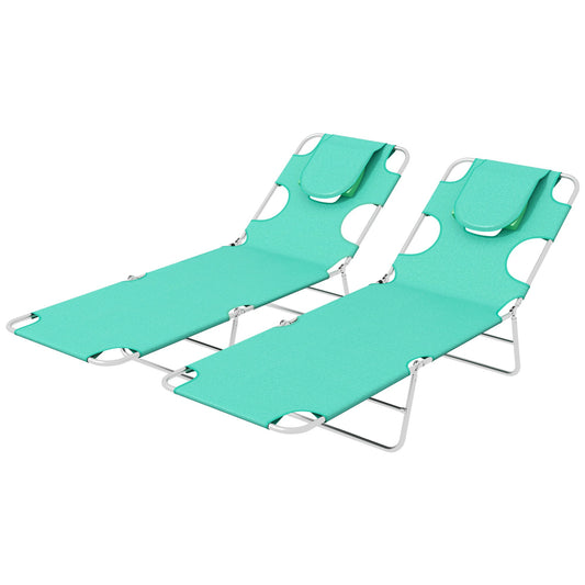 Foldable Sun Lounger Set of 2 with Reading Hole, Portable Sun Lounger with 5 Level Adjustable Backrest, Reclining Lounge Chair with Side Pocket, Headrest Pillow, Green-0