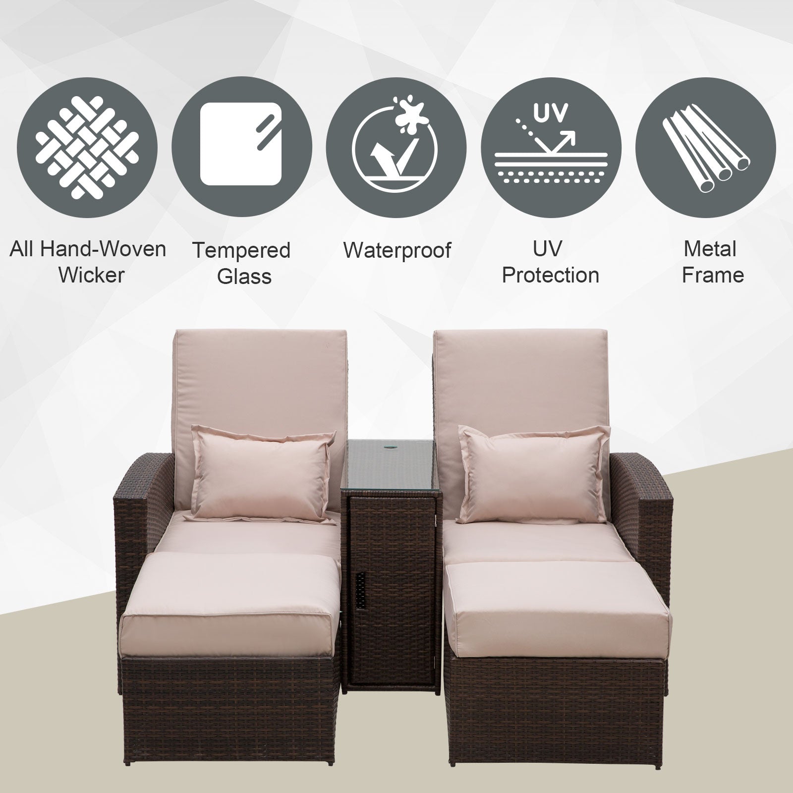 Outsunny 2-Seater Rattan Sofa Lounger Set-Brown