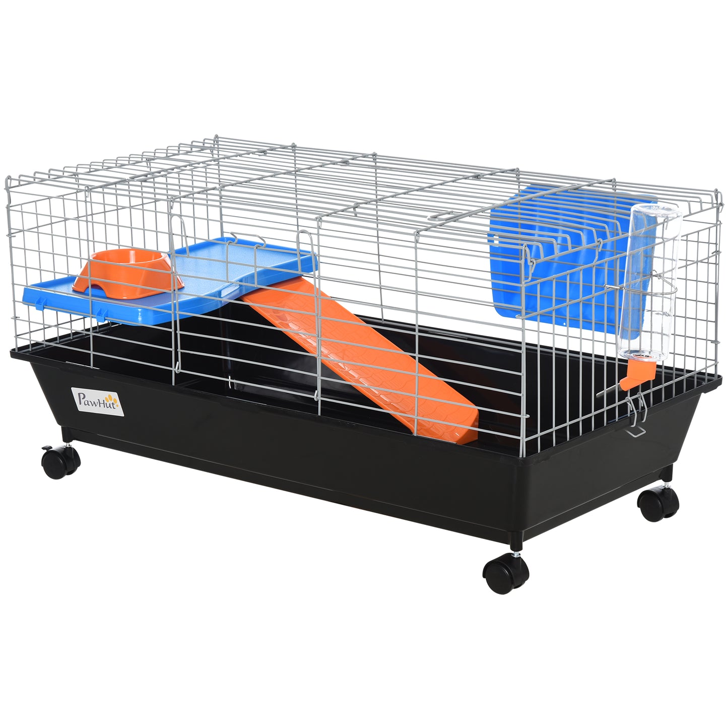 PawHut Small Animal Cage Rabbit Guinea Pigs Chinchillas Cage w/ Wheels Water Bottle Food Dish Platform Ramp 89 x 44 x 43 cm Black