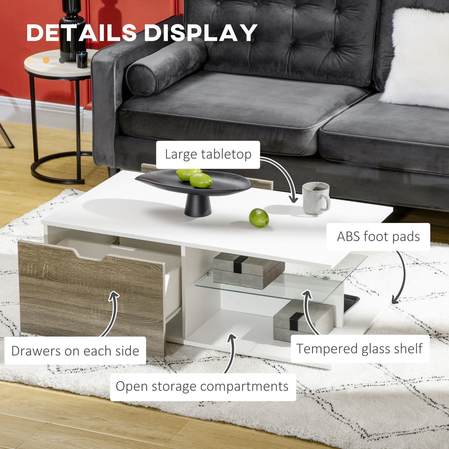 Homcom Modern Coffee Table with Tempered Glass Shelf and Two Drawers