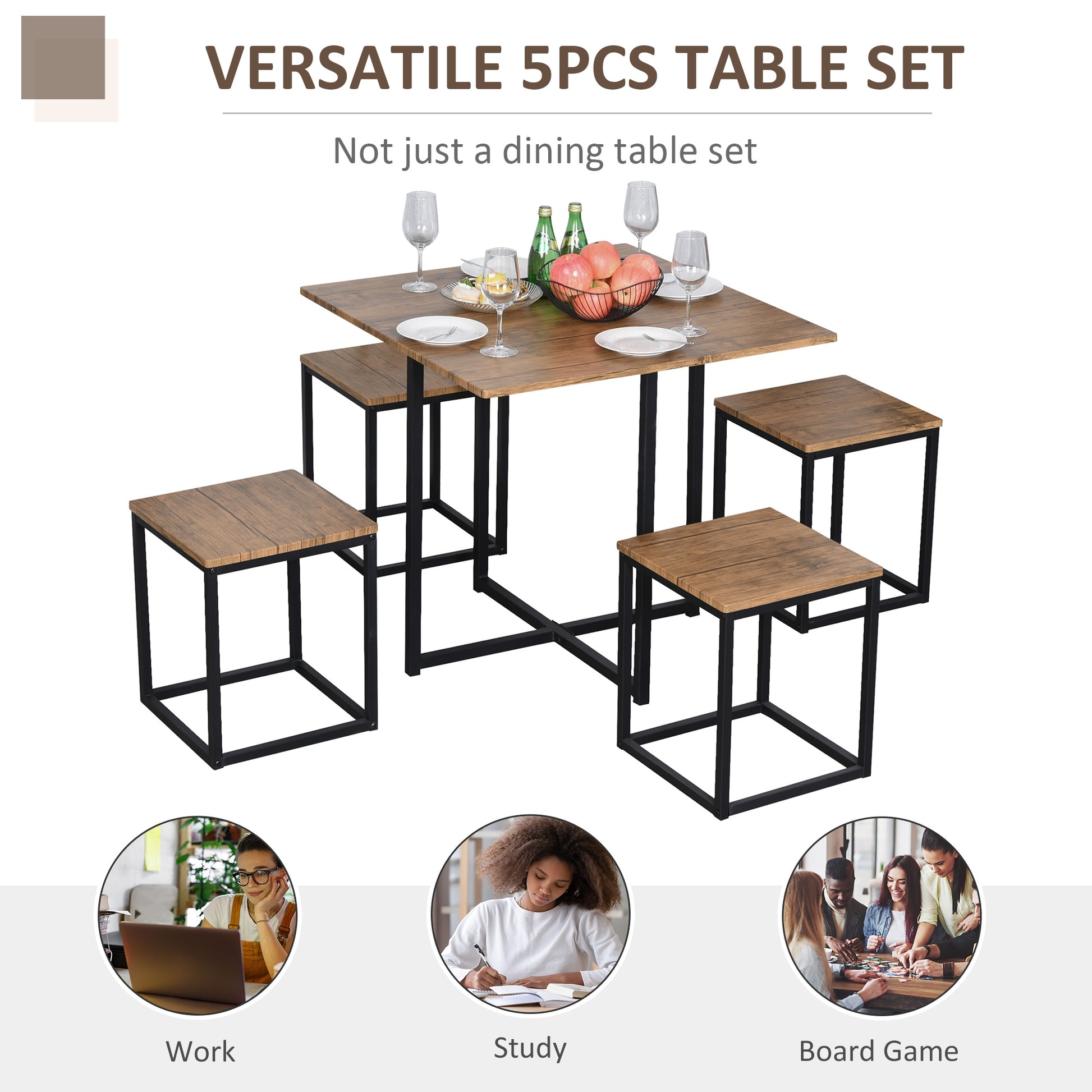 Homcom 5 PCS Industrial Table & Stool Set w/ Metal Frame Home Dining Stylish Square Compact Seating Chair Beautiful Cool Black Brown