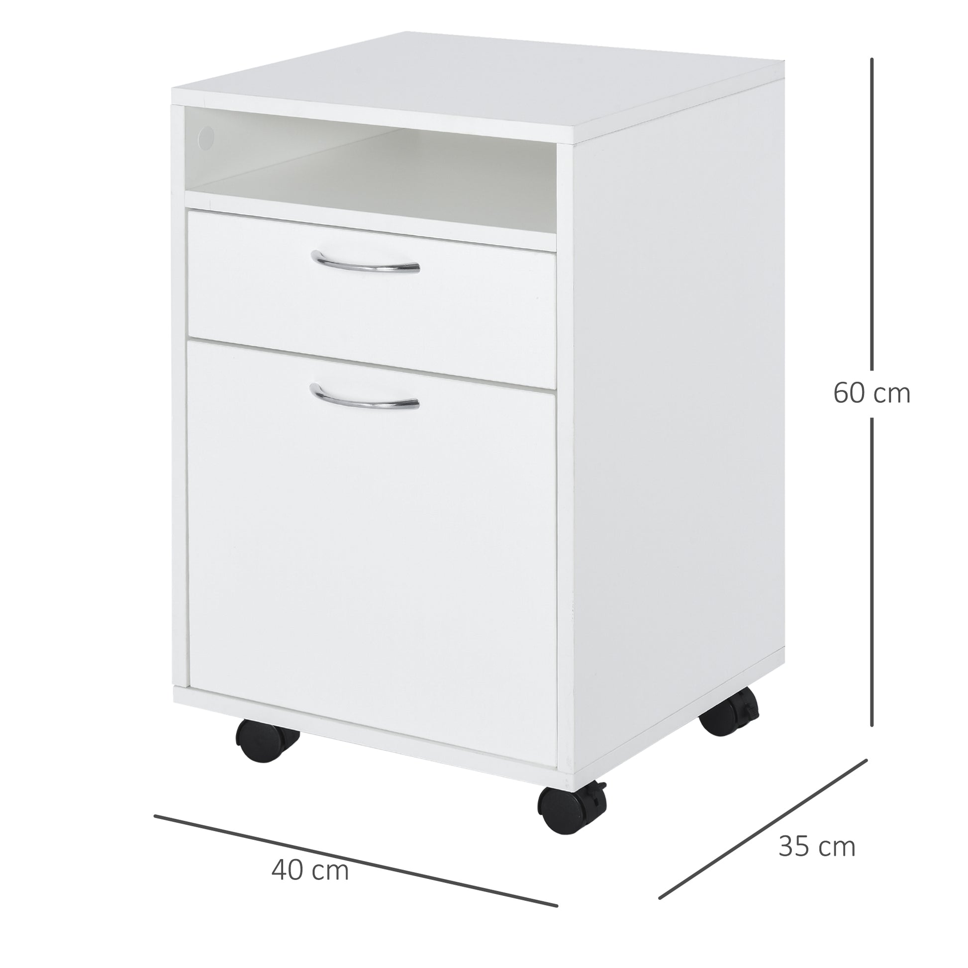 Homcom 60cm Storage Cabinet w/ Drawer Open Shelf Metal Handles 4 Wheels Office Home Organiser Mobile Printer White