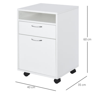 Homcom 60cm Storage Cabinet w/ Drawer Open Shelf Metal Handles 4 Wheels Office Home Organiser Mobile Printer White