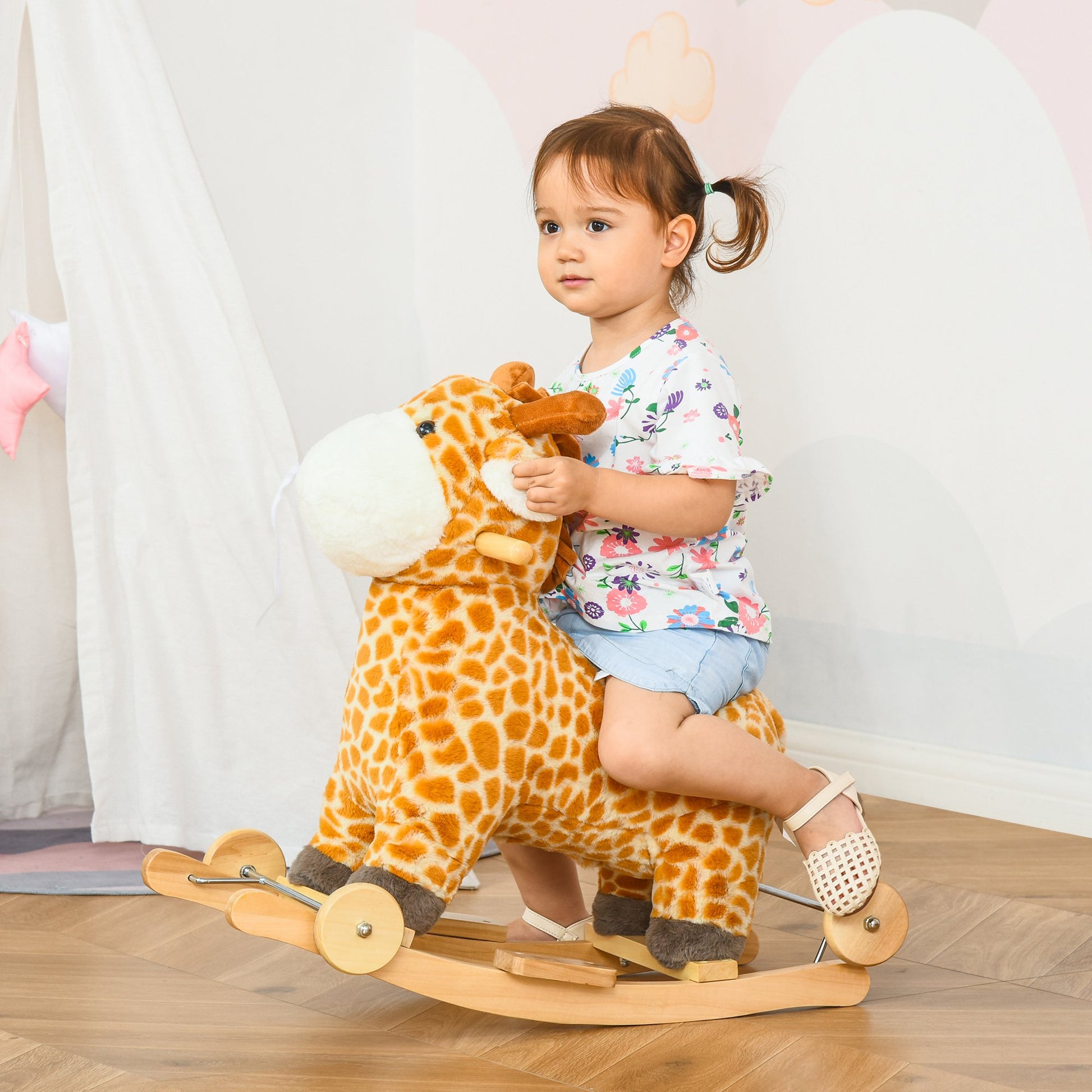 Homcom 2 In 1 Kids Todder Rocking Horse Plush Ride On Giraffe Rocker with Wheels Wooden Base Animal Sounds for 36-72 Months