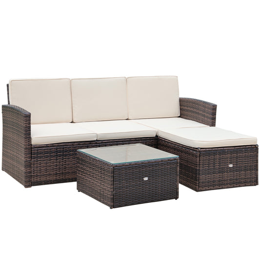 Outsunny Rattan Garden Furniture Outdoor Patio 4 Seater Corner Sofa and Coffee Table Set Footstool with Thick Cushions Brown