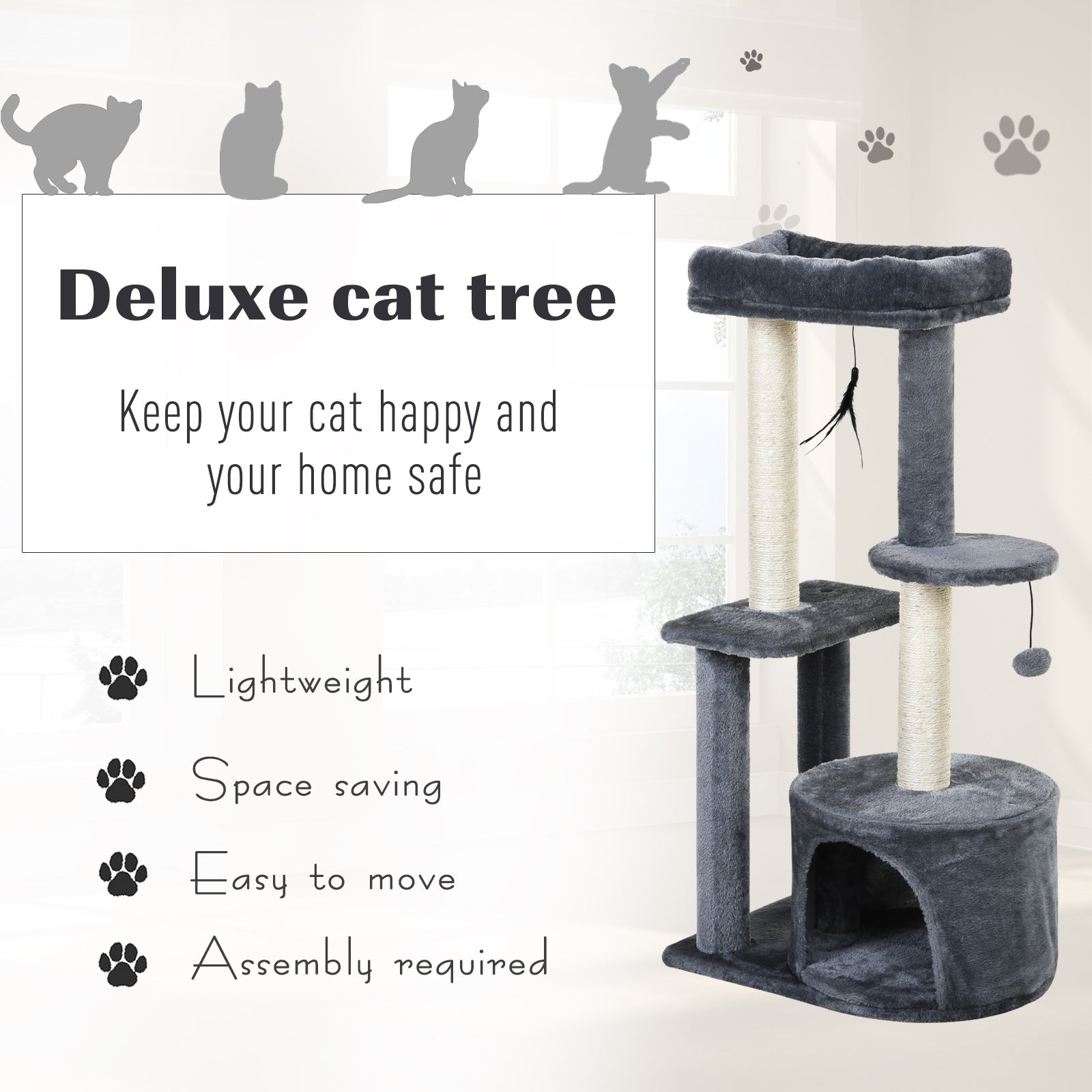 PawHut Cat Tree for Indoor Cats Kitten Tower w/ Perch House Scratching Post Platform Play Ball Plush Covering Play Rest Relax Grey White