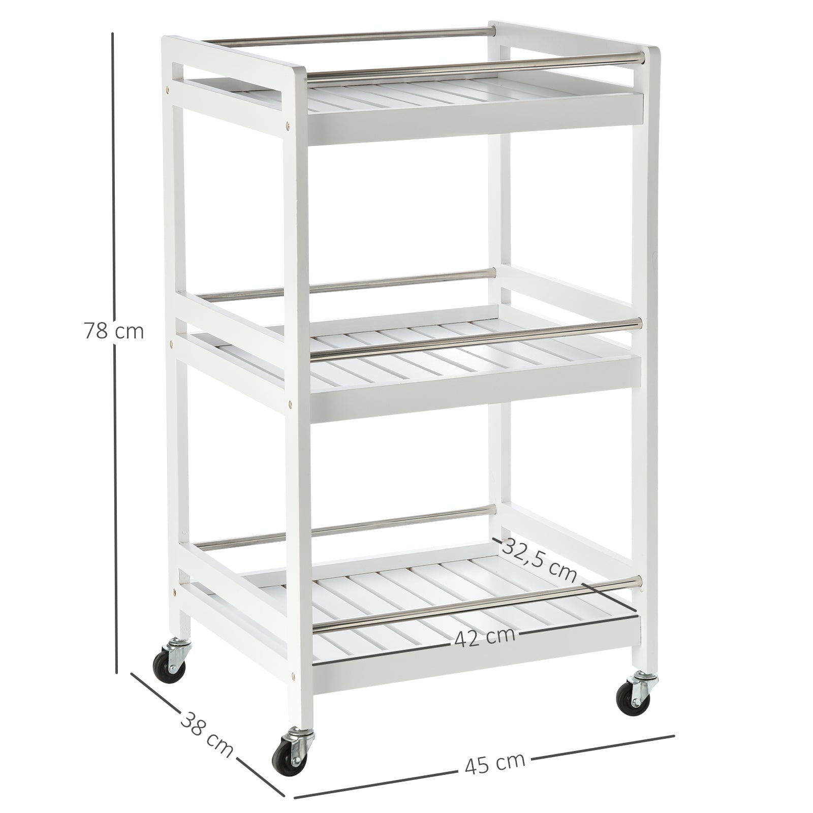 Homcom 3-Tier Home Trolley Kitchen Storage Cart w/ Steel Bars 4 Universal Wheels Rolling Unit Organiser Living Room White