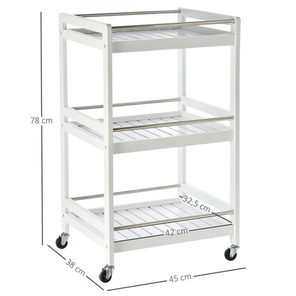 Homcom 3-Tier Home Trolley Kitchen Storage Cart w/ Steel Bars 4 Universal Wheels Rolling Unit Organiser Living Room White