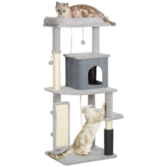 132cm Cat Tree w/ Scratching Posts, Pad, Cat Bed, Cat House, Jumping Platform, Grooming Brush, Anti-Tip Kit, Light Grey-0