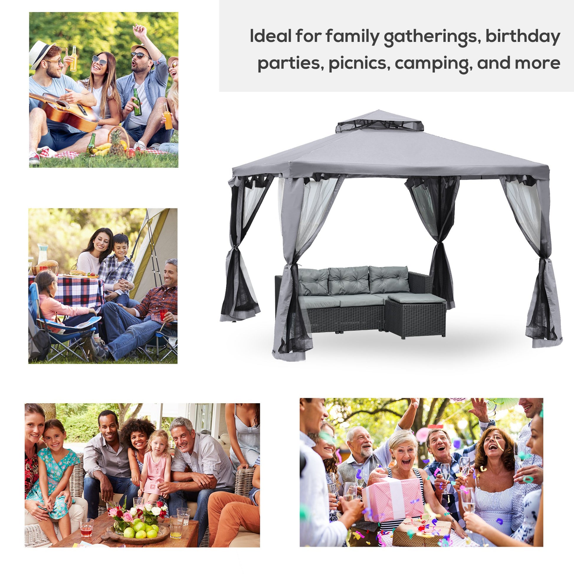 Outsunny 3 x 3 Meter Metal Gazebo Garden Outdoor 2-tier Roof Marquee Party Tent Canopy Pavillion Patio Shelter with Netting - Grey