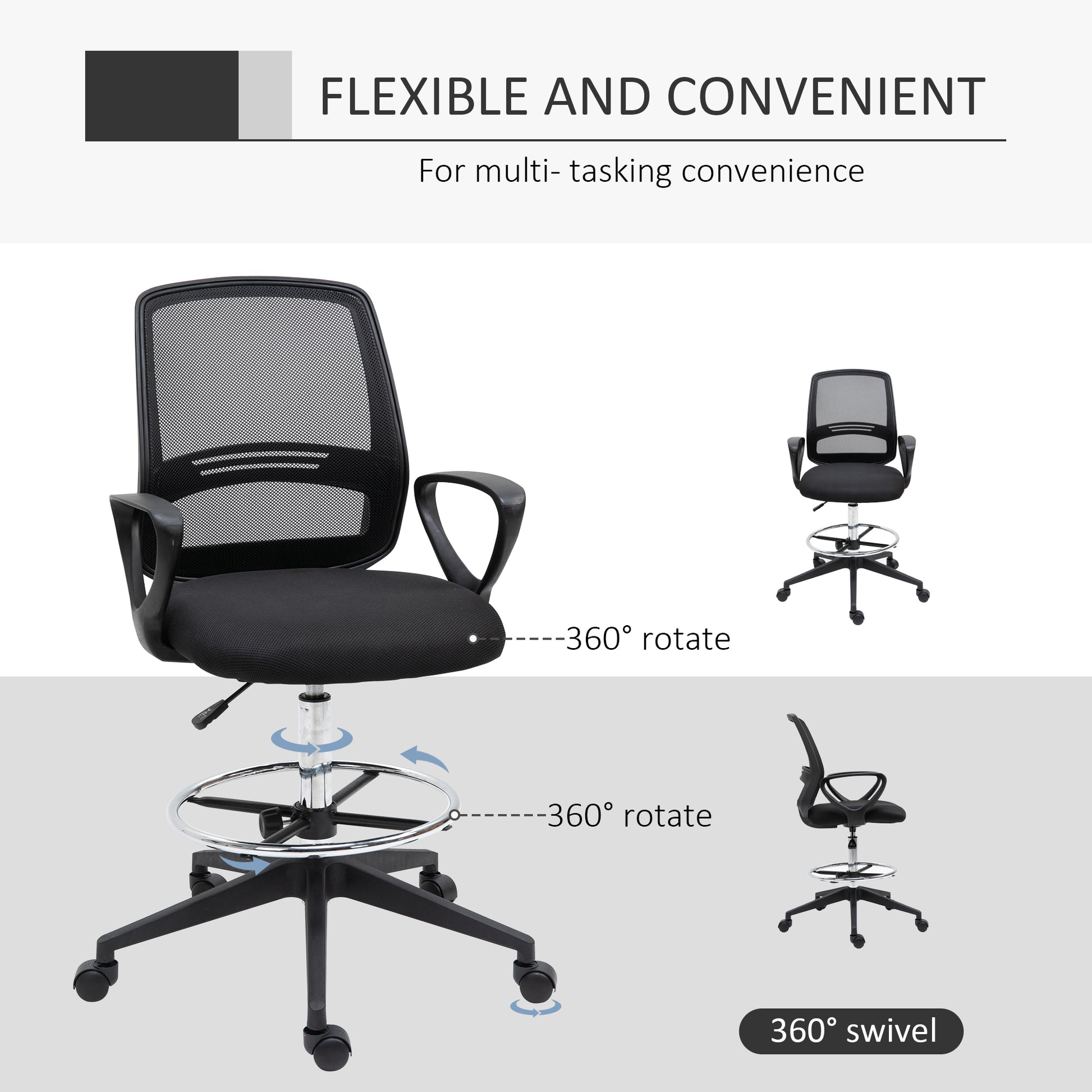 Vinsetto Ergonomic Mesh Back Draughtsman Chairs Tall Office Chair with Adjustable Height and Footrest 360° Swivel