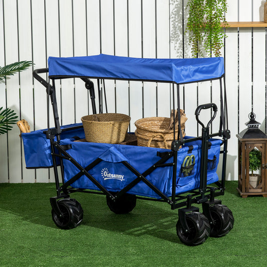 Outsunny Folding Trolley Cart Storage Wagon Beach Trailer 4 Wheels with Handle Overhead Canopy Cart Push Pull for Camping