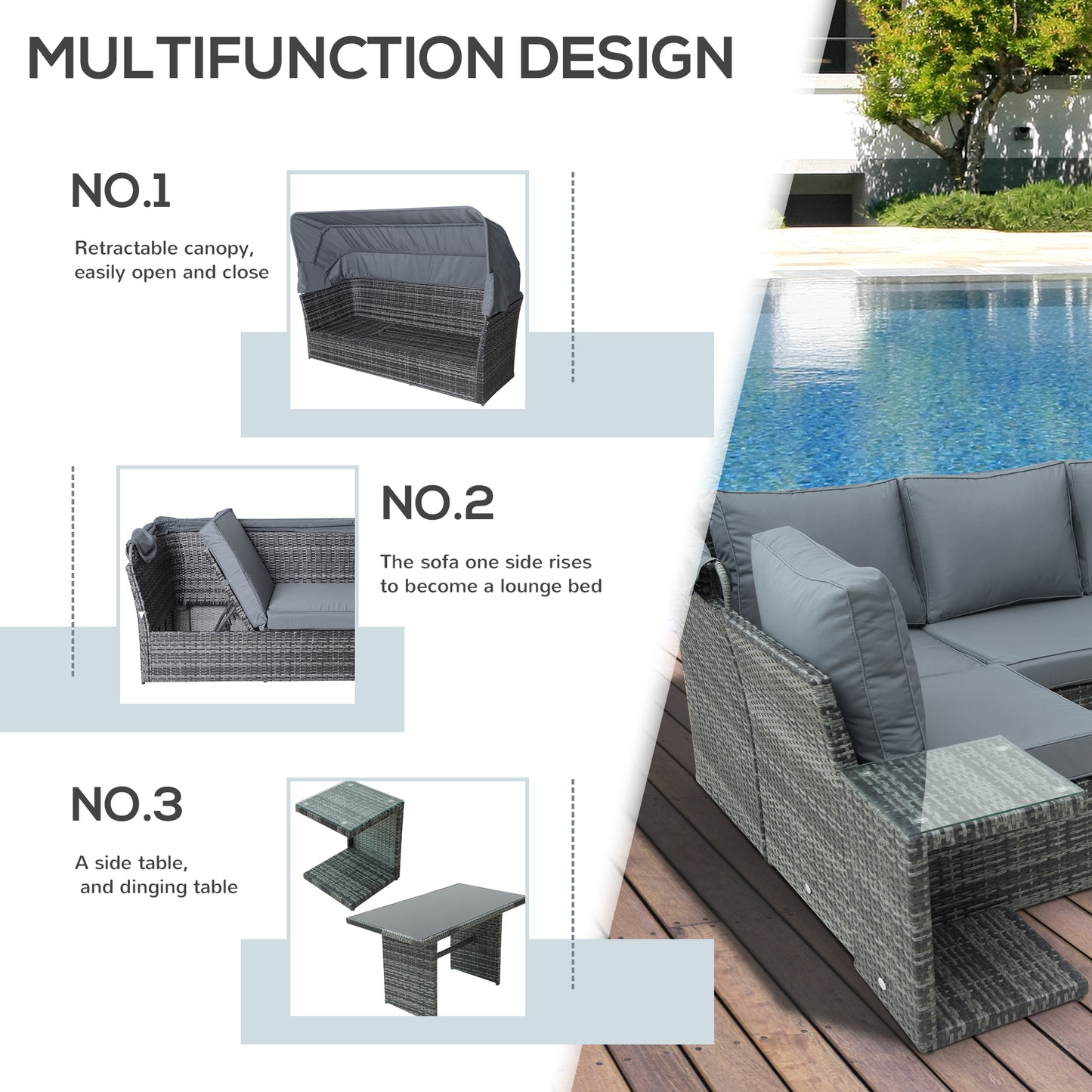 Outsunny 5 Pcs Outdoor Rattan Wicker Sofa Sets Reclining Sofa Adjustable Canopy & Side Table Dining Table Set Sectional Conversation Furniture W/ Cushions