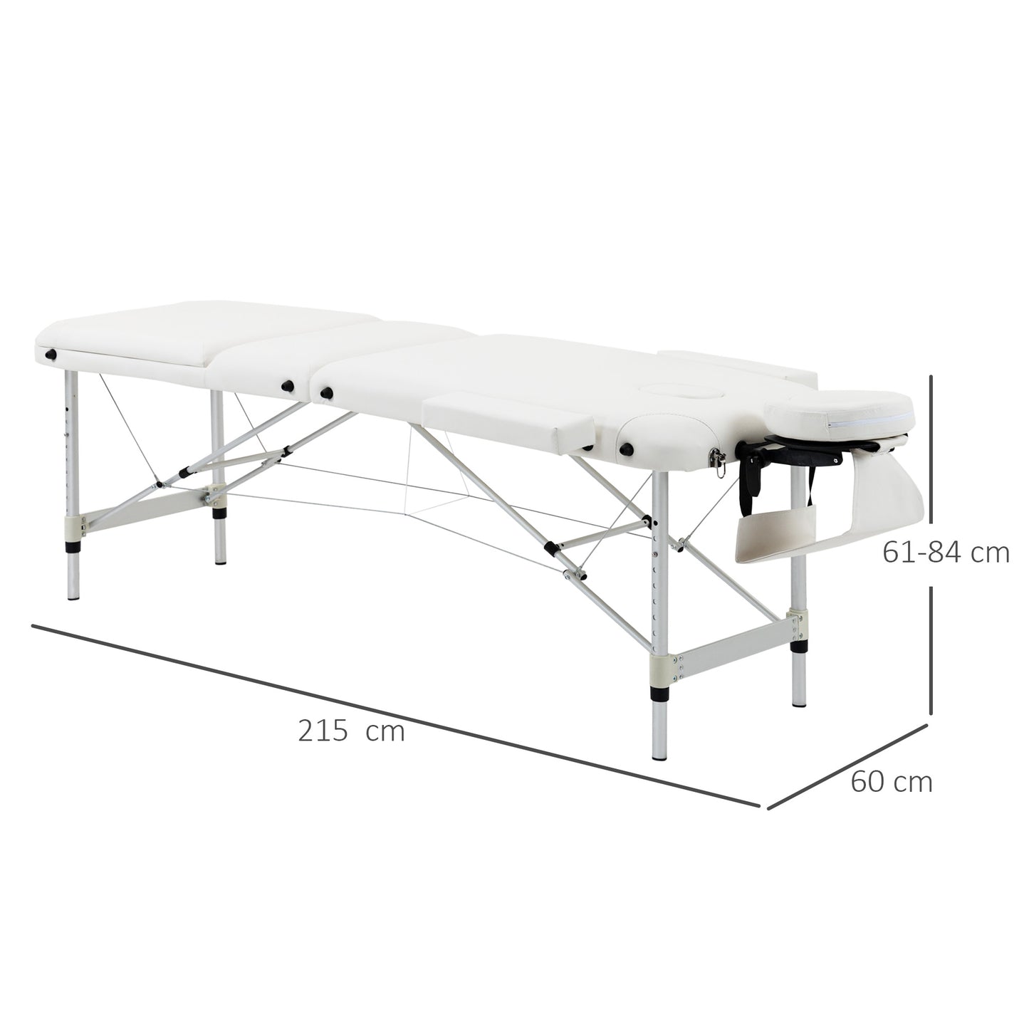 Homcom Folding PVC Leather Massage Table Aluminium Frame w/ Headrest Armrests Padding Handle Carry Bag Adjustable Height 3-Way Tri-Fold Salon Professional Bed Beauty White