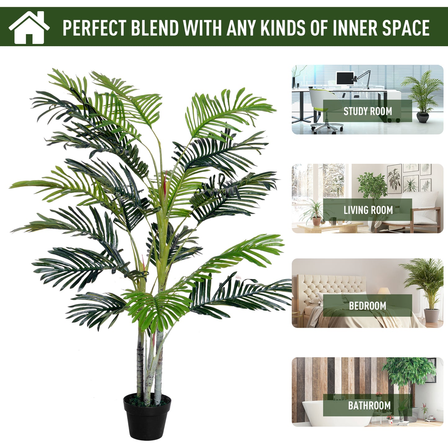 Outsunny 150cm(5ft) Artificial Palm Tree Decorative Indoor Faux Green Plant w/Leaves Home Décor Tropical Potted Home Office