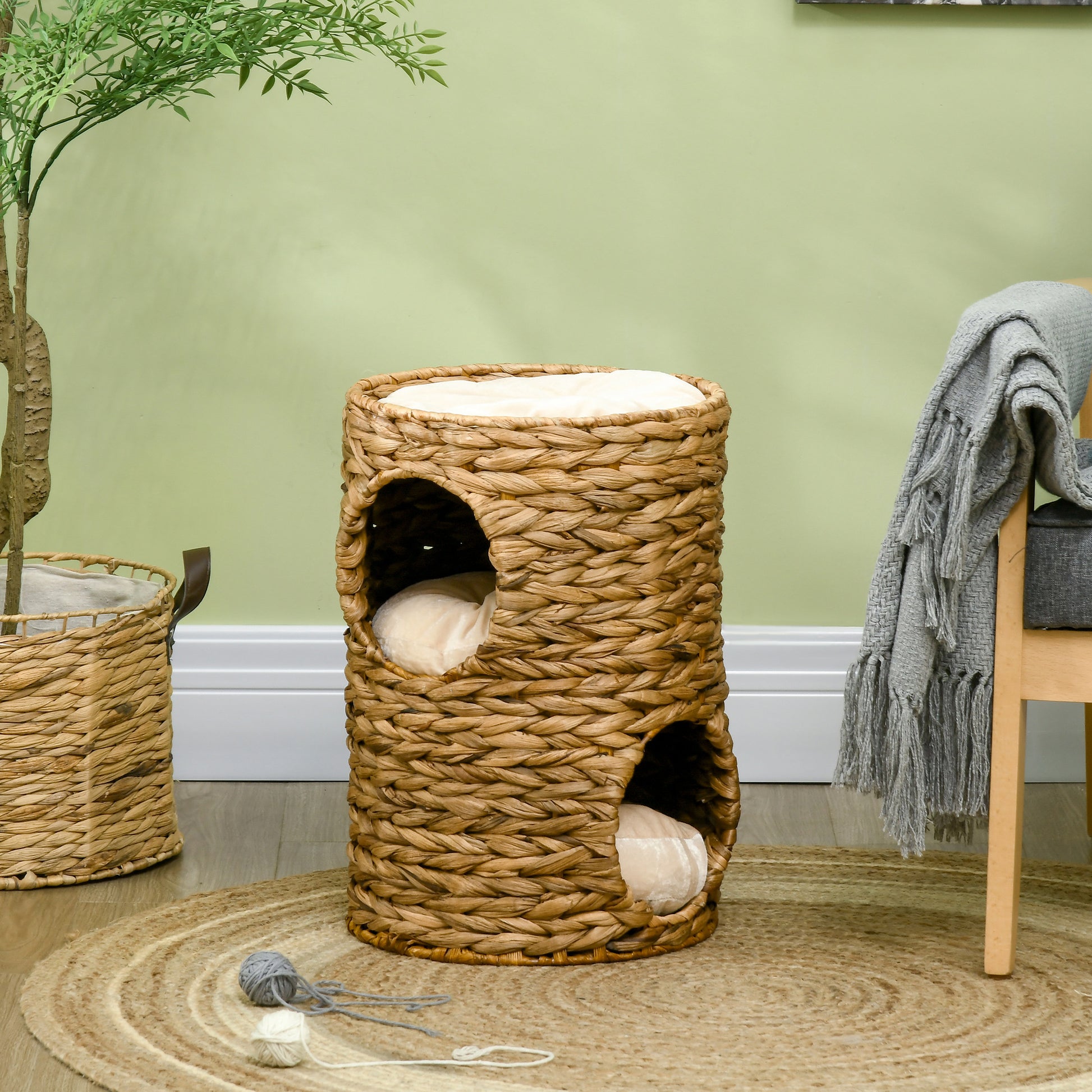 PawHut 47cm Cat Barrel Tree for Indoor Cats with 2 Cat Houses