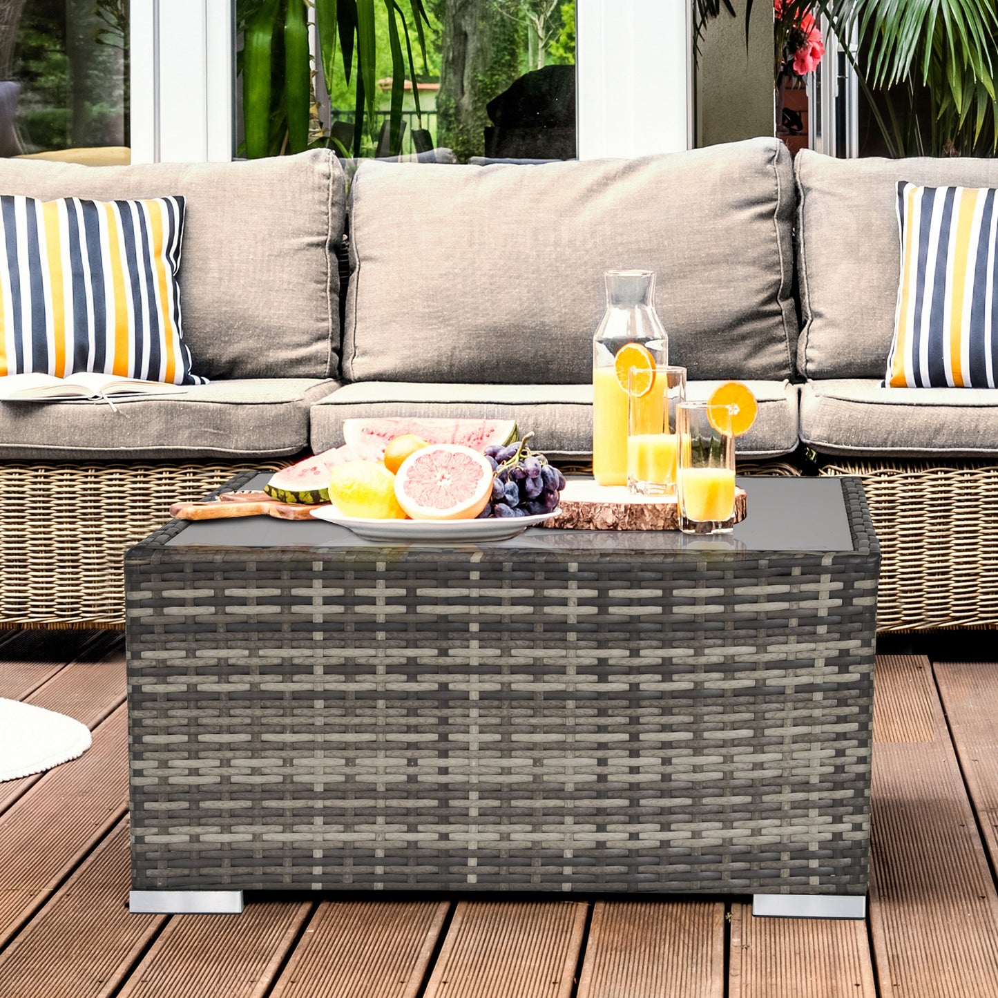 Outsunny Square PE Wicker Rattan Table with Glass Top - Dark Grey