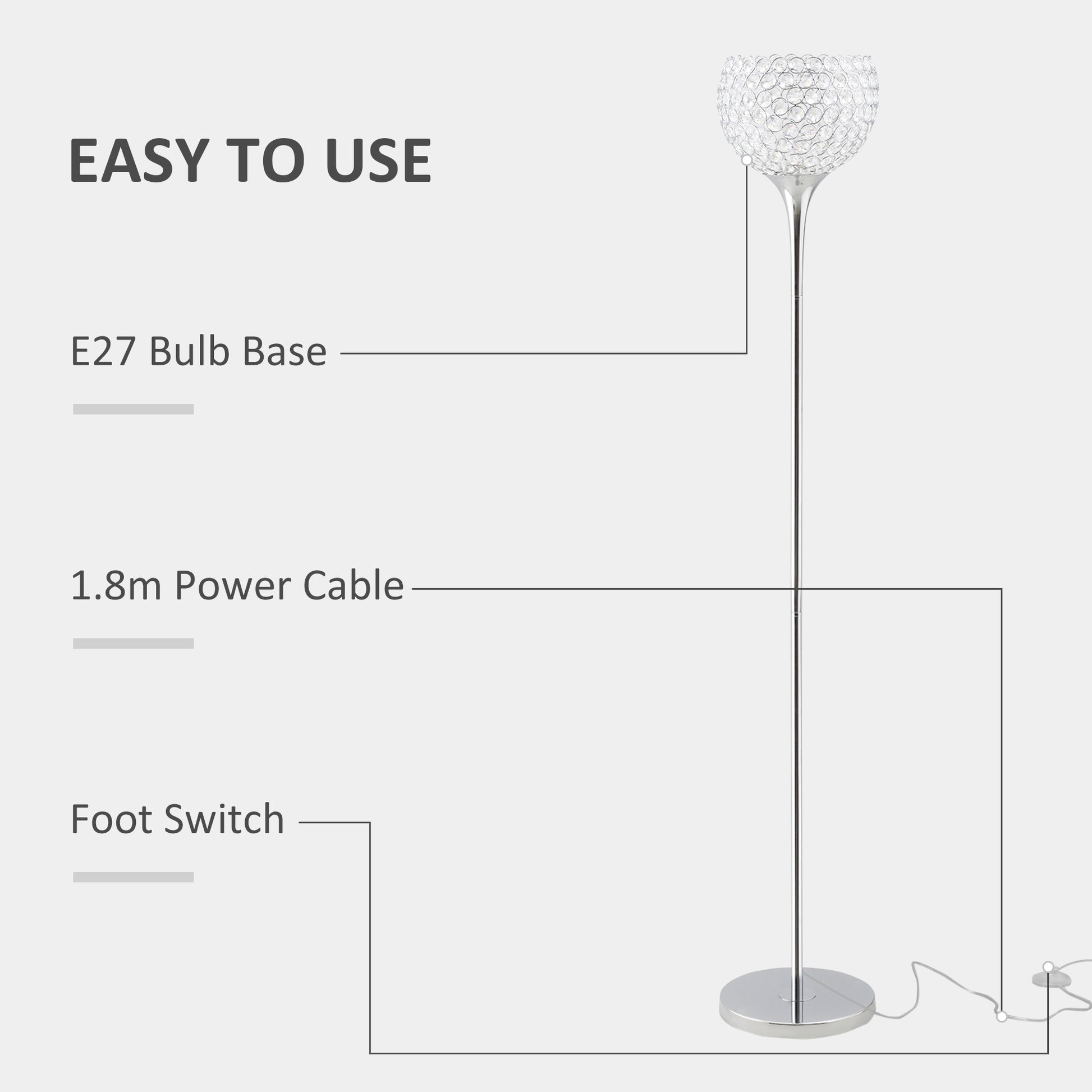 Homcom Modern Floor Lamp Tall Standing Lamp With K9 Crystal Shade For Living Room Silver