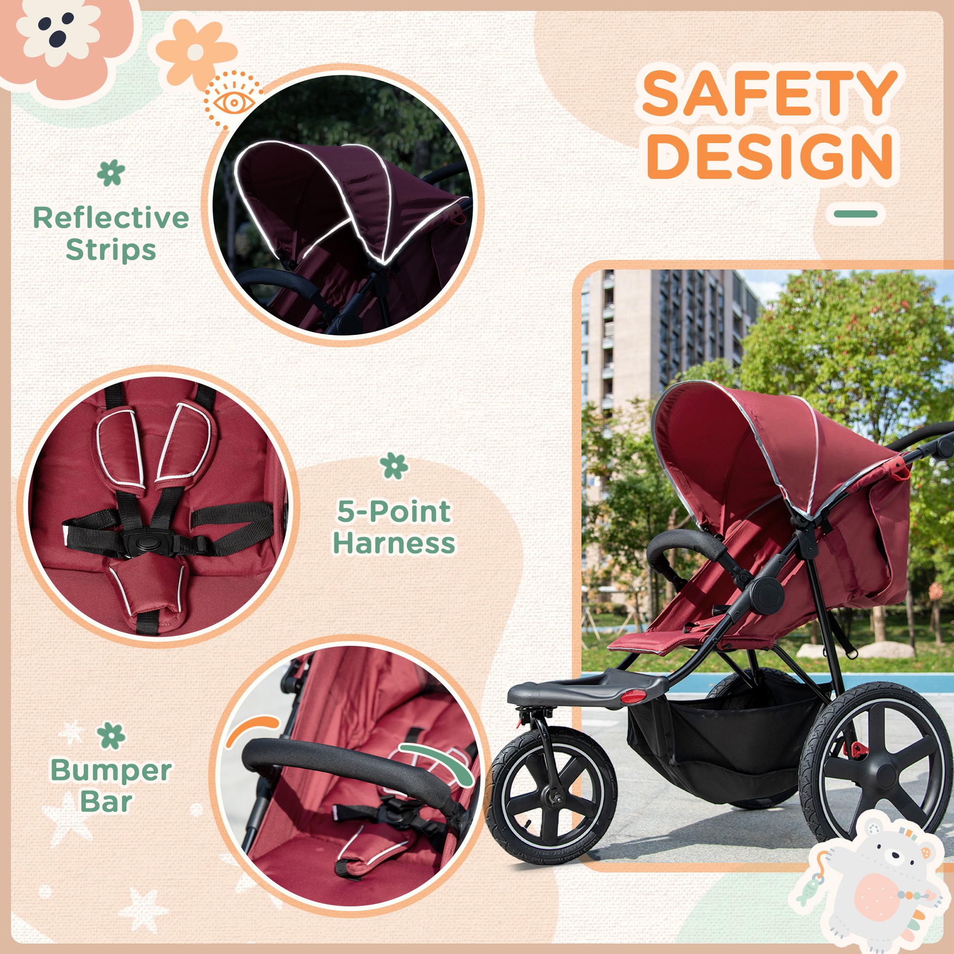 Homcom Foldable Three-Wheeler Baby Stroller w/ Canopy