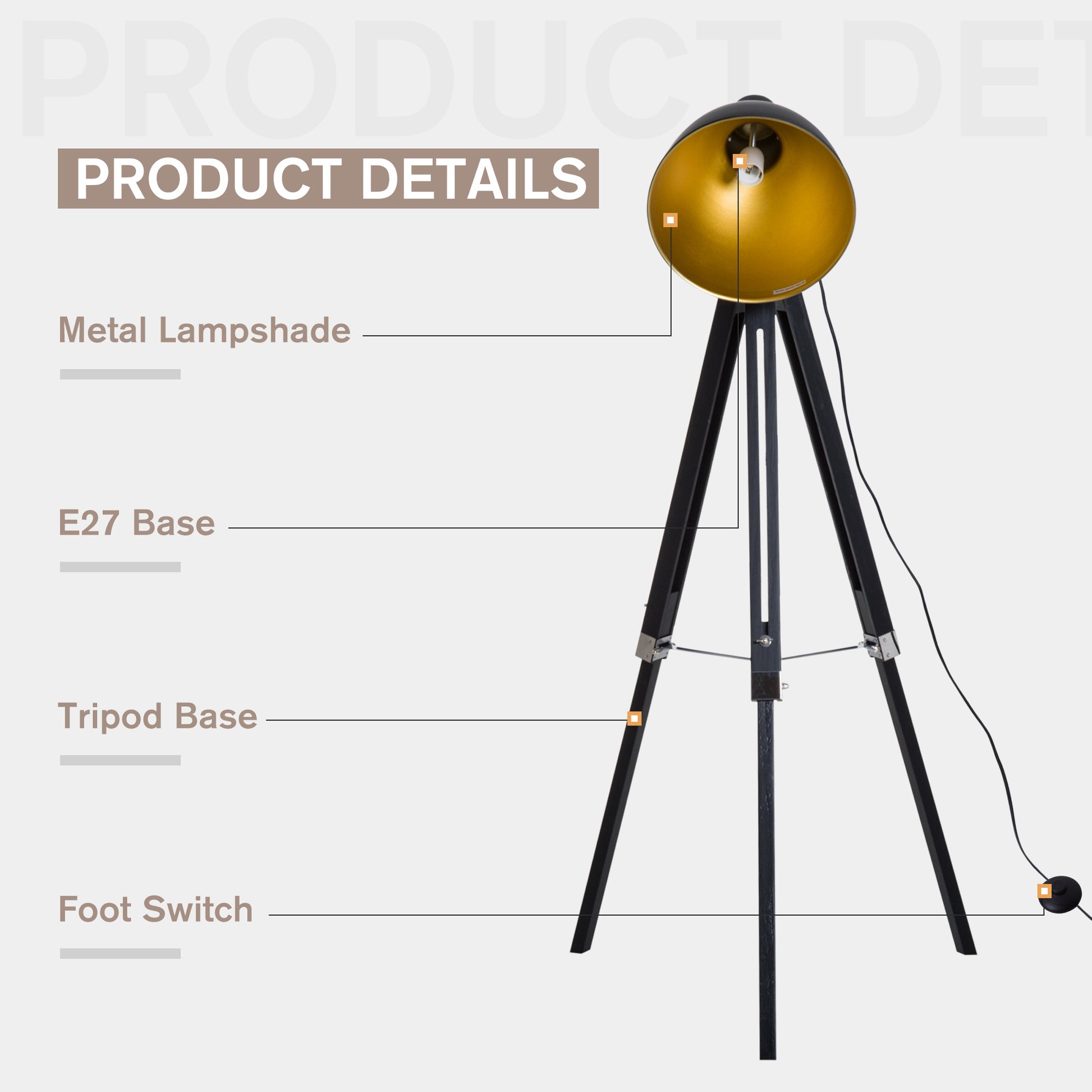 Homcom Industrial Floor Lamp for Living Room Tripod Spotlight Reading Lamp w/Wood Legs Metal Shade Adjustable Height Angle for Bedroom Home Office Black and Gold