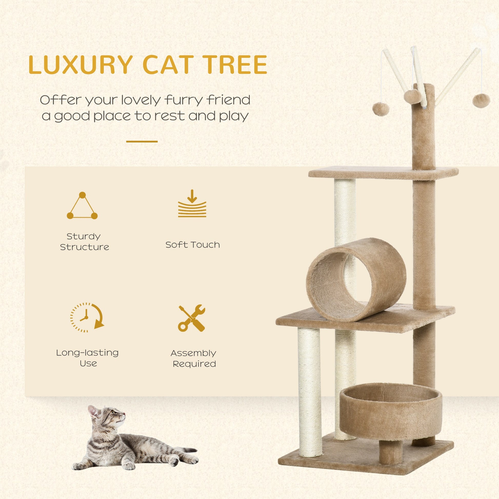 PawHut 121cm Cat Tree Tower for Indoor Cats Kitten Activity Centre Scratching Post with Bed Tunnel Perch Interactive Ball Toy Brown