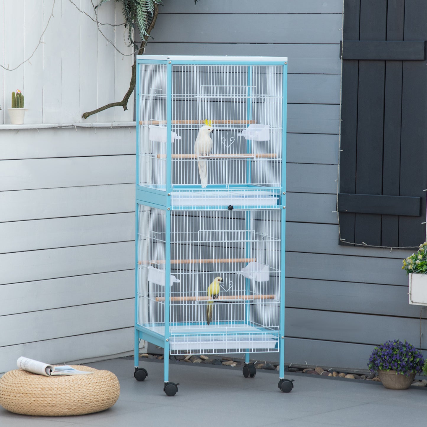 Double 140cm Bird Cage Wheeled Blue & White by Pawhut