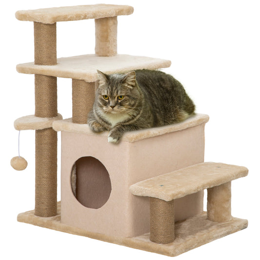 Adjustable Cat Steps, with House & Hanging Toy Ball - Beige-0