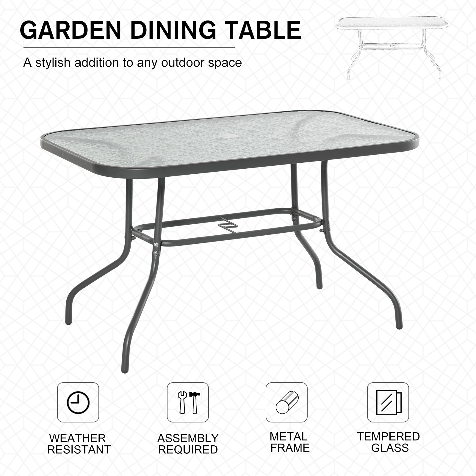 Outsunny Garden Dining Table Glass Top Metal Frame with Parasol Hole Outdoor Balcony Grey 120L x 80W cm