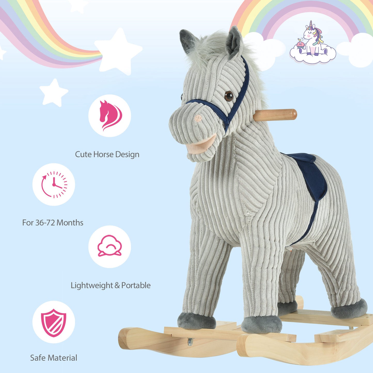 Homcom Kids Ride On Ribbed Plush Rocking Horse w/ Sound Grey