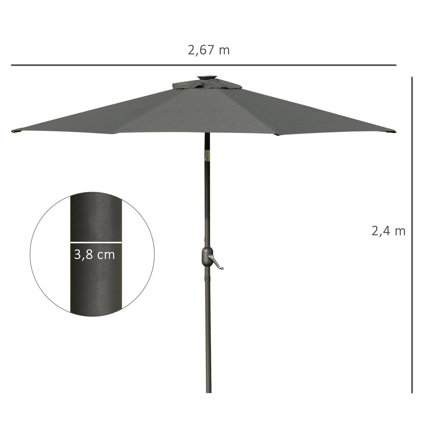 Outsunny 2.7m Patio LED Umbrella with Push Button Tilt/Crank 8 Rib Sun Shade Parasol