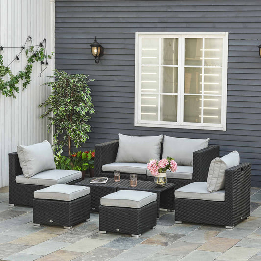 Outsunny 8pc Rattan Garden Furniture 6 Seater Sofa & Coffee Table Set Bonzer Outdoor Patio Furniture Wicker Weave Chair Space-saving Compact - Black